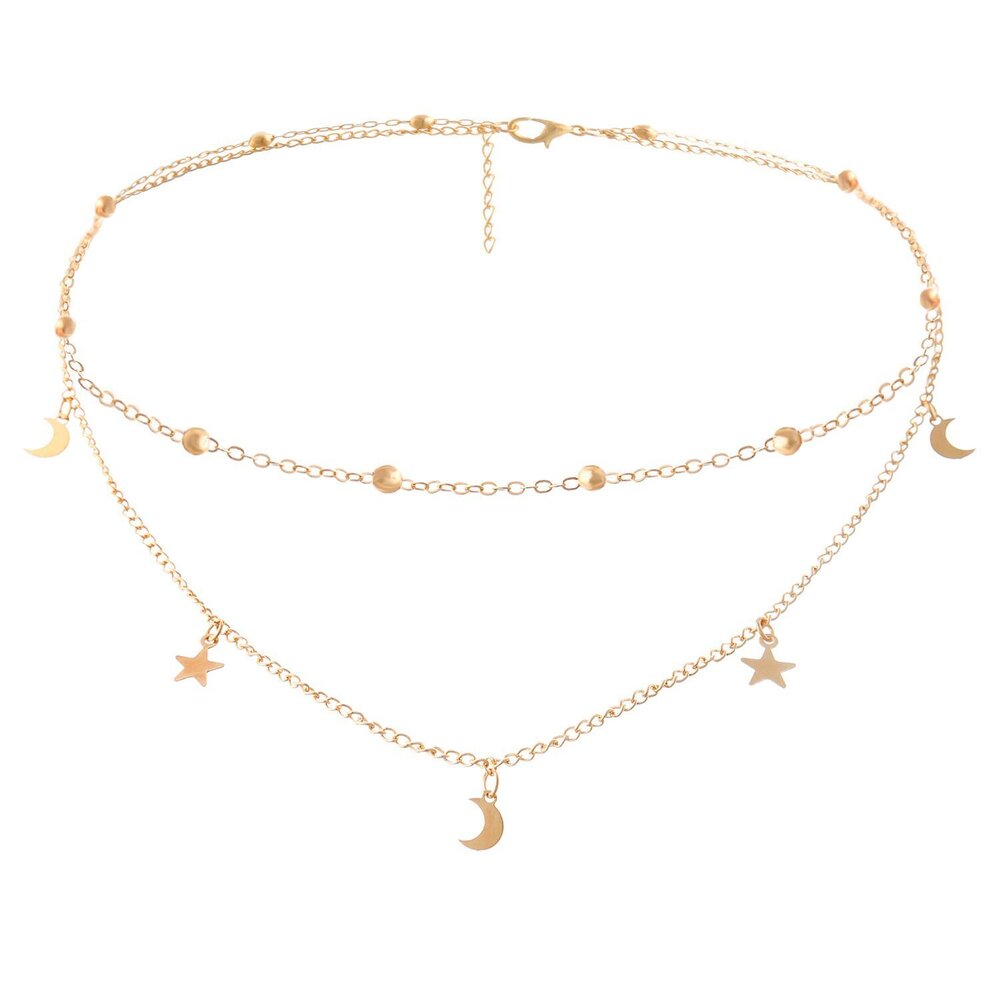 Fashion Layering Star Moon Charm Pendant Tassel Necklace 14K Gold